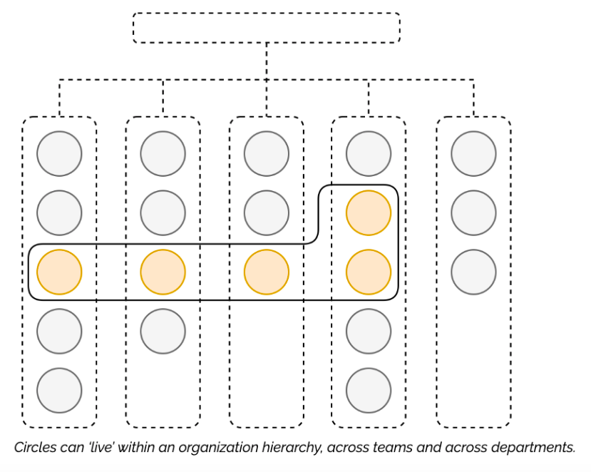 A diagram showing thr structure of a Circle across different teams and functions. Caption reads: Circles can ‘live’ within an organization hierarchy, across teams and across departments.